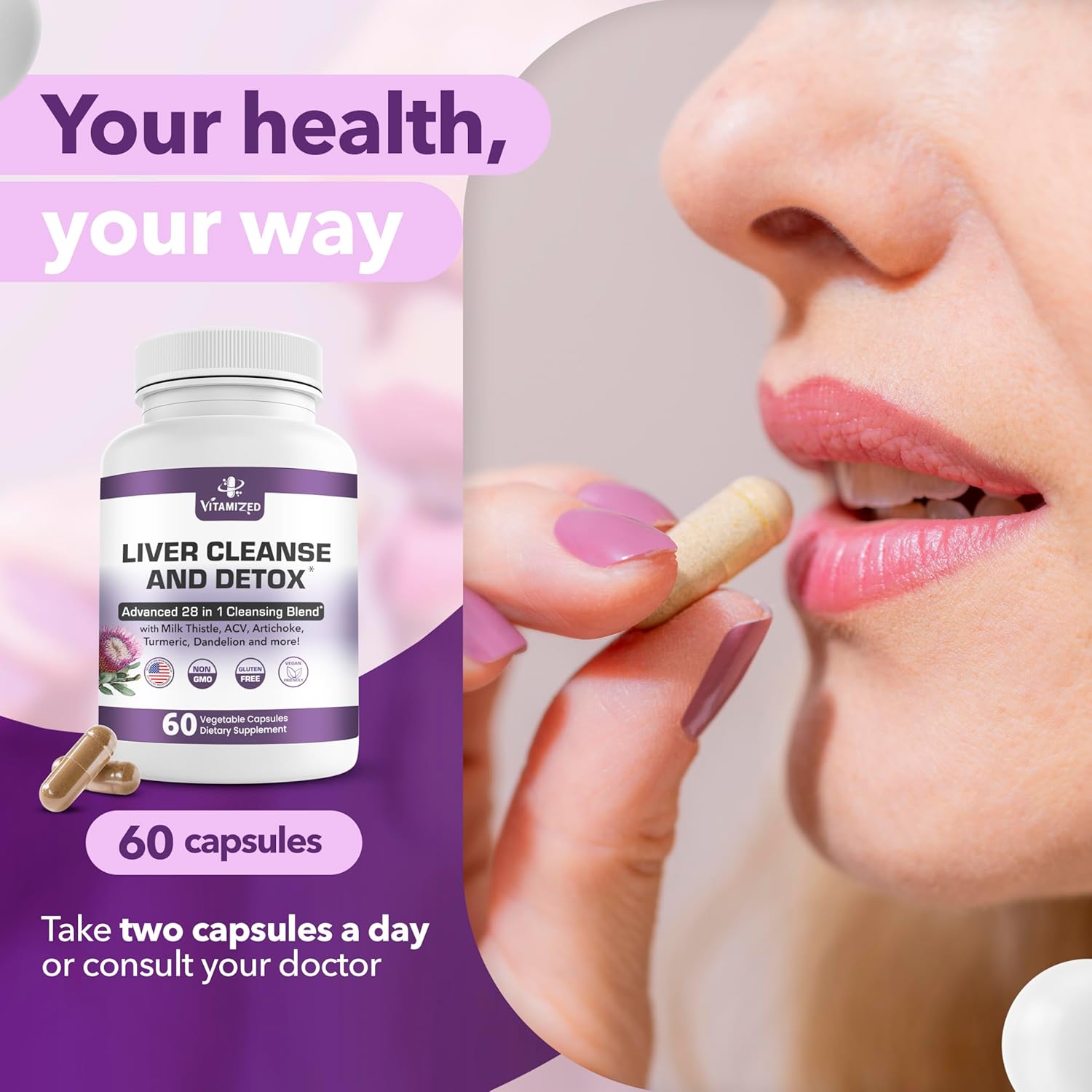 Liver Health Supplement with 28-in-1 Advanced Herbal Formula - Detox & Repair Fatty Liver - Milk Thistle, Artichoke, Dandelion & Apple Cider Vinegar - 60 Pills