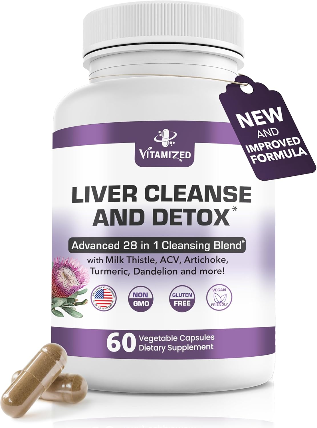 Liver Health Supplement with 28-in-1 Advanced Herbal Formula - Detox & Repair Fatty Liver - Milk Thistle, Artichoke, Dandelion & Apple Cider Vinegar - 60 Pills