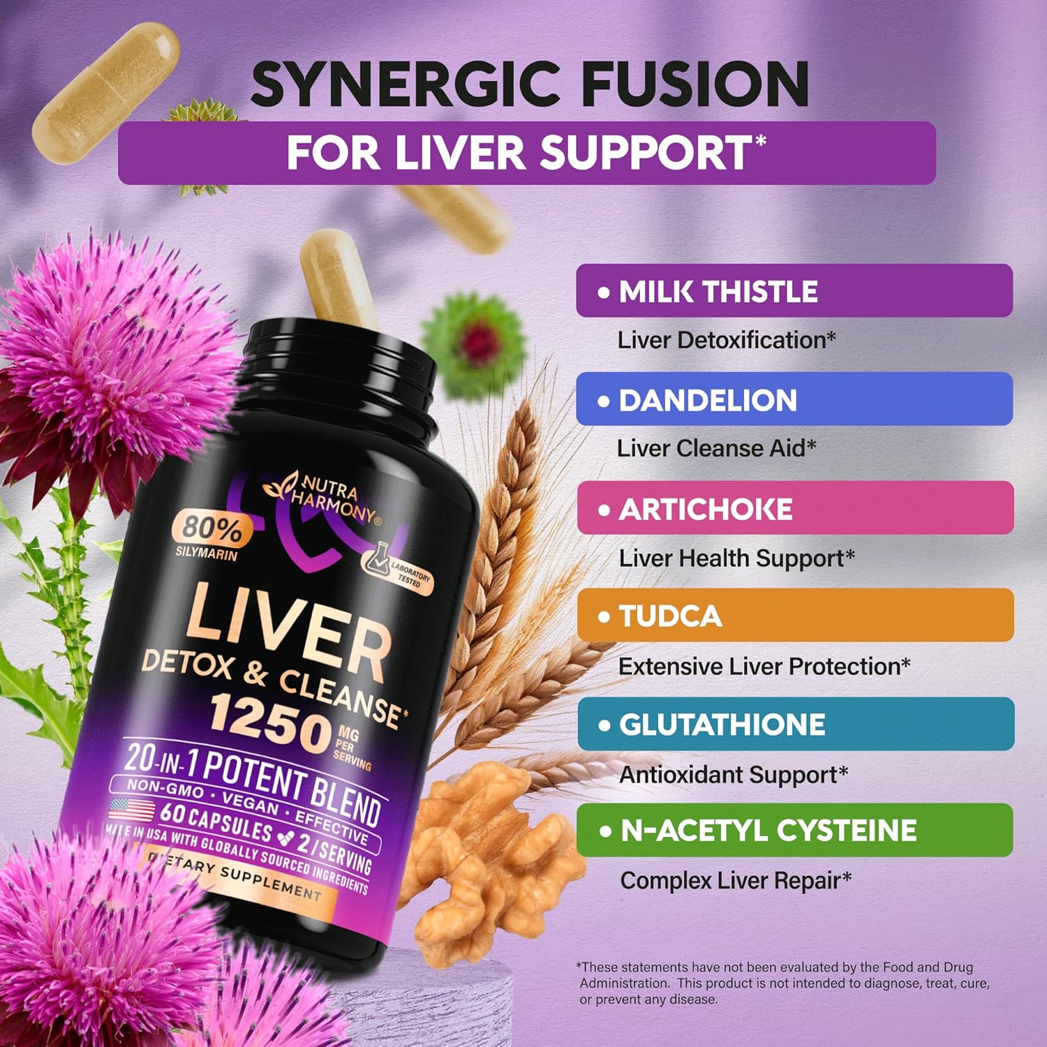 Liver Health Supplement with Milk Thistle, Dandelion, Artichoke, TUDCA, Glutathione, NAC - Detox & Repair Formula - 80% Silymarin - Laboratory Tested Vegan Capsules - Made in USA