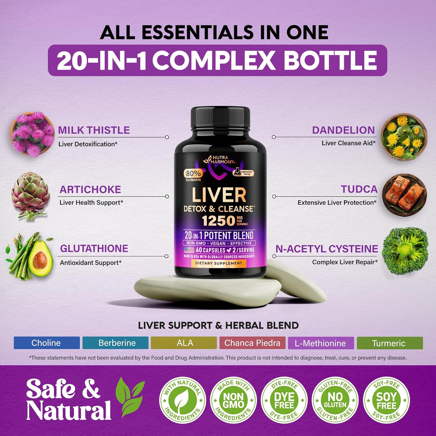 Liver Health Supplement with Milk Thistle, Dandelion, Artichoke, TUDCA, Glutathione, NAC - Detox & Repair Formula - 80% Silymarin - Laboratory Tested Vegan Capsules - Made in USA