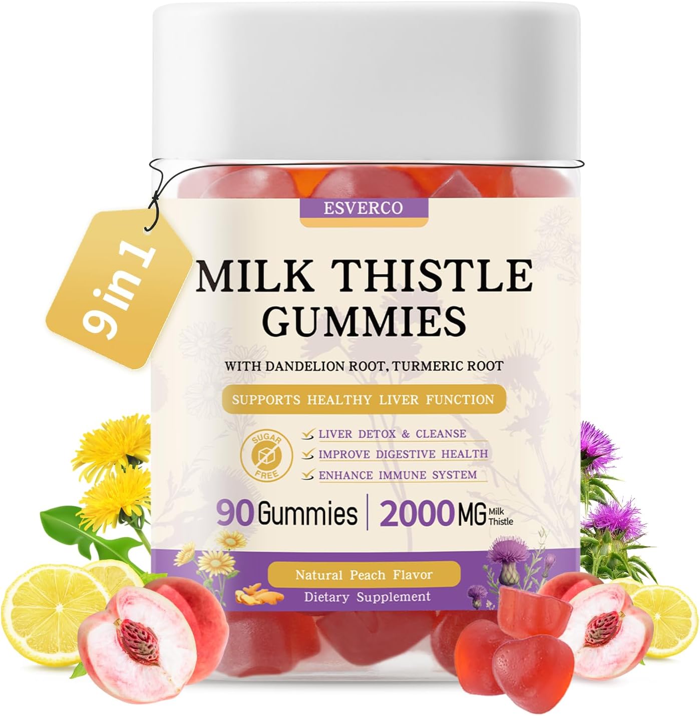 Liver Health Support Gummies with 2000MG Milk Thistle Extract - Vegan Silymarin Supplement with Artichoke, Dandelion, Turmeric - No Sugar, 90 Count