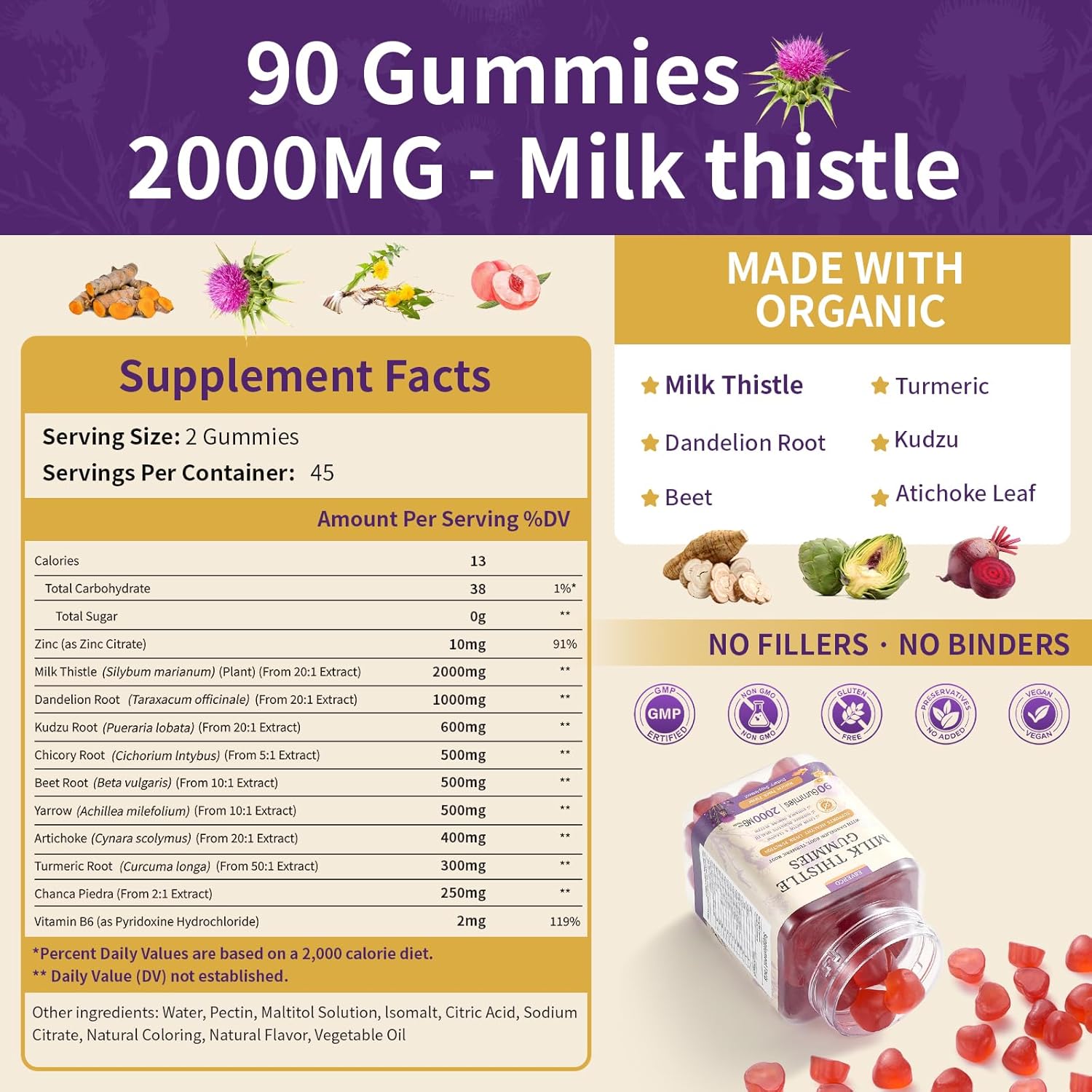 Liver Health Support Gummies with 2000MG Milk Thistle Extract - Vegan Silymarin Supplement with Artichoke, Dandelion, Turmeric - No Sugar, 90 Count