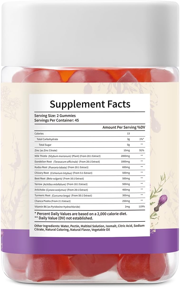 Liver Health Support Gummies with 2000MG Milk Thistle Extract - Vegan Silymarin Supplement with Artichoke, Dandelion, Turmeric - No Sugar, 90 Count