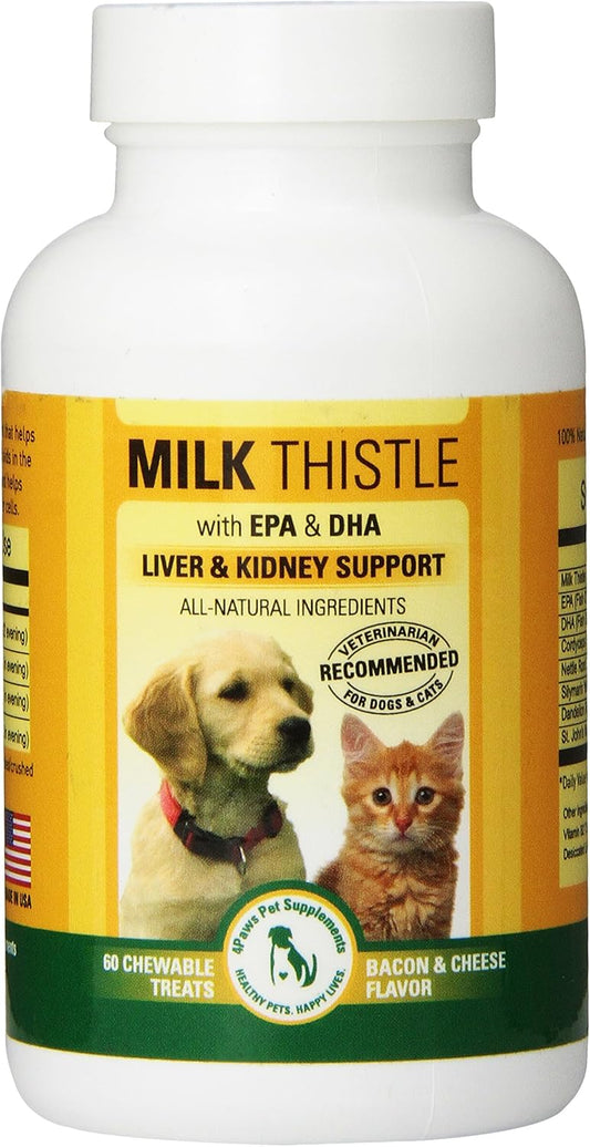 Liver & Kidney Support Chewable Treats for Dogs & Cats - Milk Thistle Pet Supplement with DHA, EPA, Silymarin, Vitamin B Complex - 60 Bacon Cheese Flavored Chews