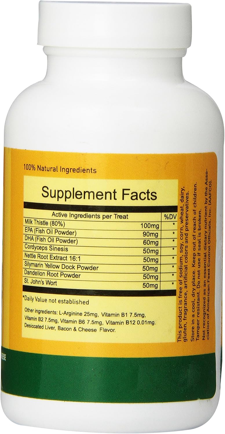 Liver & Kidney Support Chewable Treats for Dogs & Cats - Milk Thistle Pet Supplement with DHA, EPA, Silymarin, Vitamin B Complex - 60 Bacon Cheese Flavored Chews