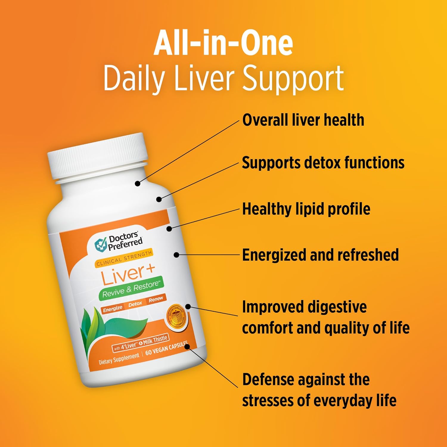Liver+ Revive & Restore 10-in-1 Formula with Clinically Validated Liver and Milk Thistle - 60 Capsules