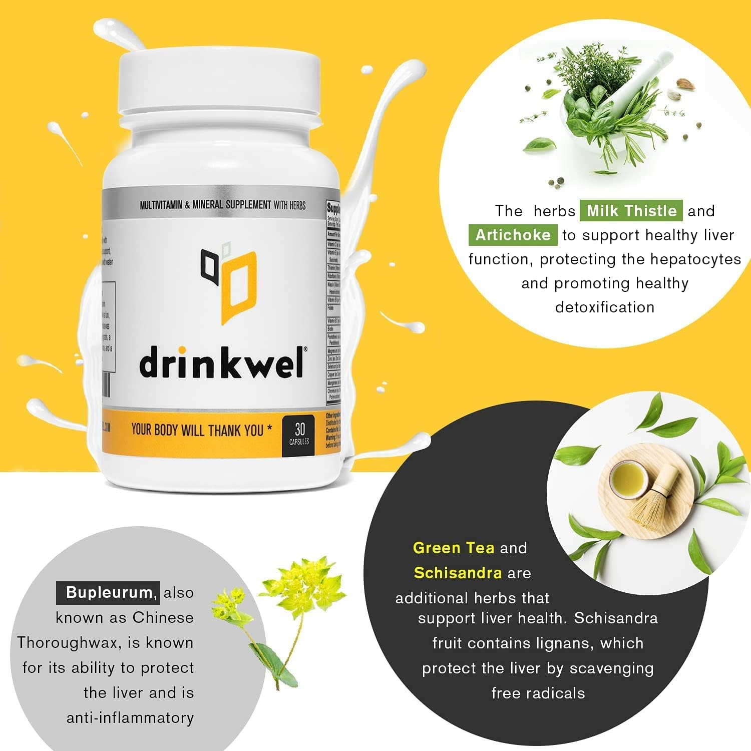 Liver Support & Detox Multivitamin, 90 Count by drinkwel - Boost Liver Health & Function with Natural Ingredients - 1 Pack
