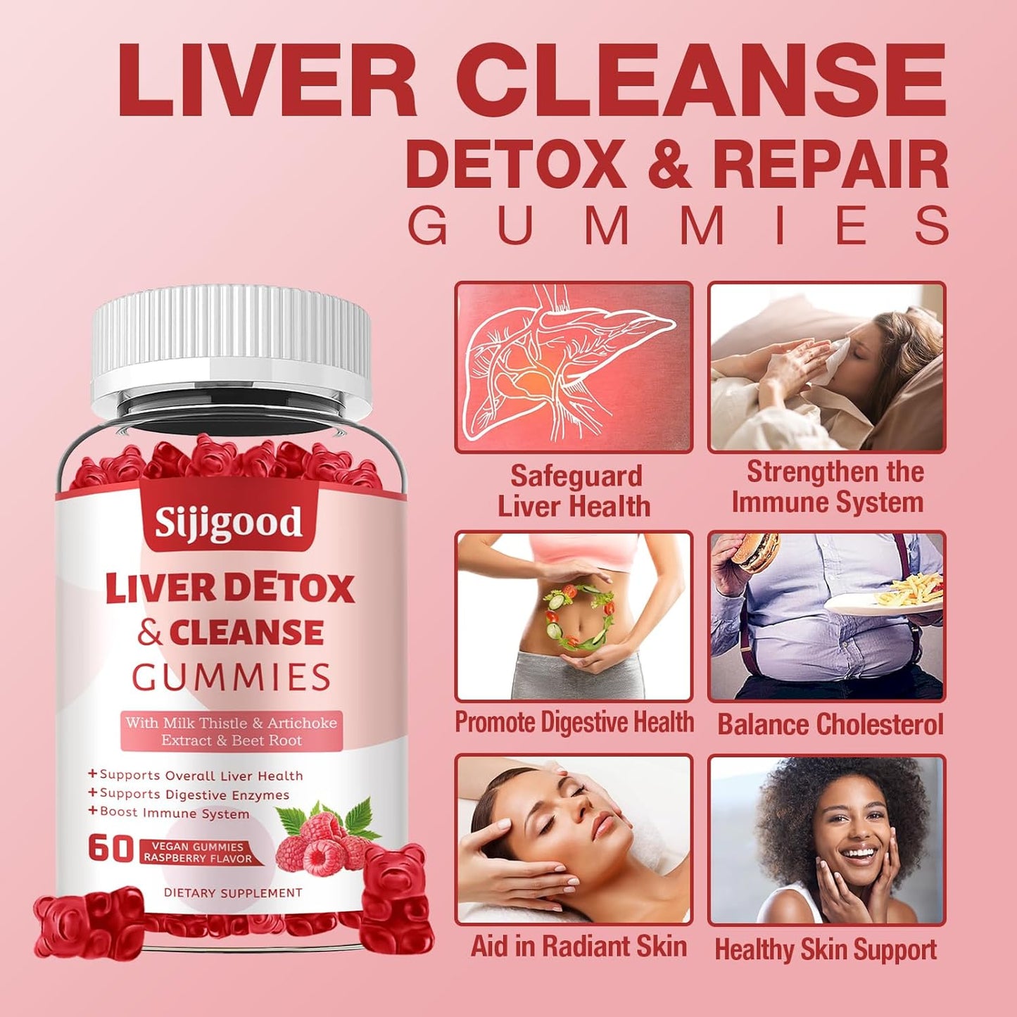 Liver Support Gummies with Milk Thistle, Artichoke, Dandelion, Elderberry - Detox & Repair - 120 Raspberry Flavored Gummies (2 Pack)