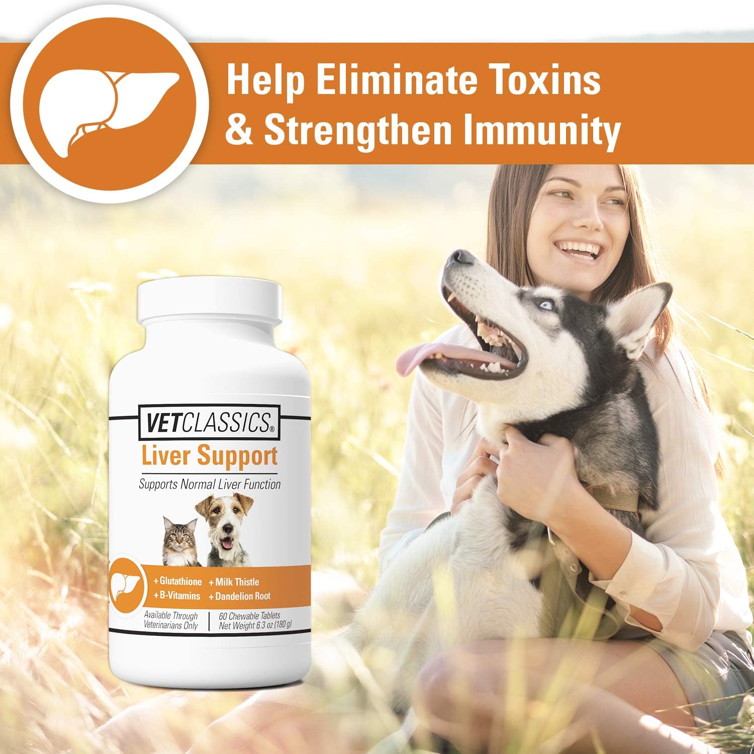 Liver Support Pet Health Supplement for Dogs & Cats - B-Vitamins, Glutathione, Milk Thistle - 60 Chewable Tablets
