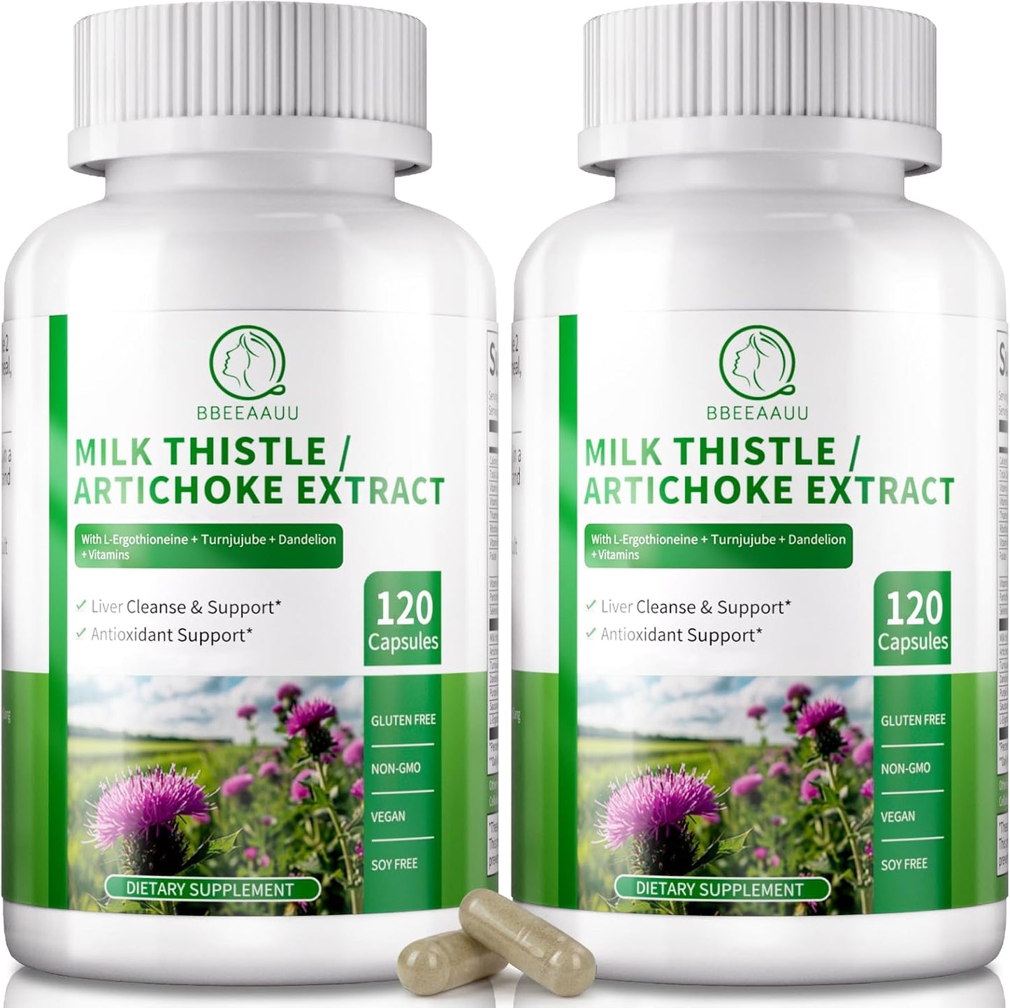 Liver Support Supplement 2 Pack - 16-in-1 Herbal Detox & Repair Formula with L-Ergothioneine, Milk Thistle, Artichoke, Dandelion Extract - Antioxidant Liver Cleanse Formula
