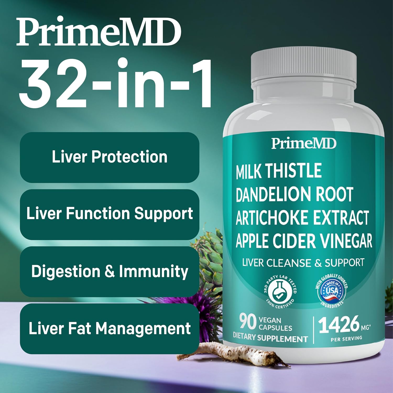 Liver Support Supplement with Milk Thistle, Artichoke Extract, and Beetroot Powder - 32-in-1 Liver Cleanse Detox and Repair Formula for Active Liver Health - 1426mg (90ct)