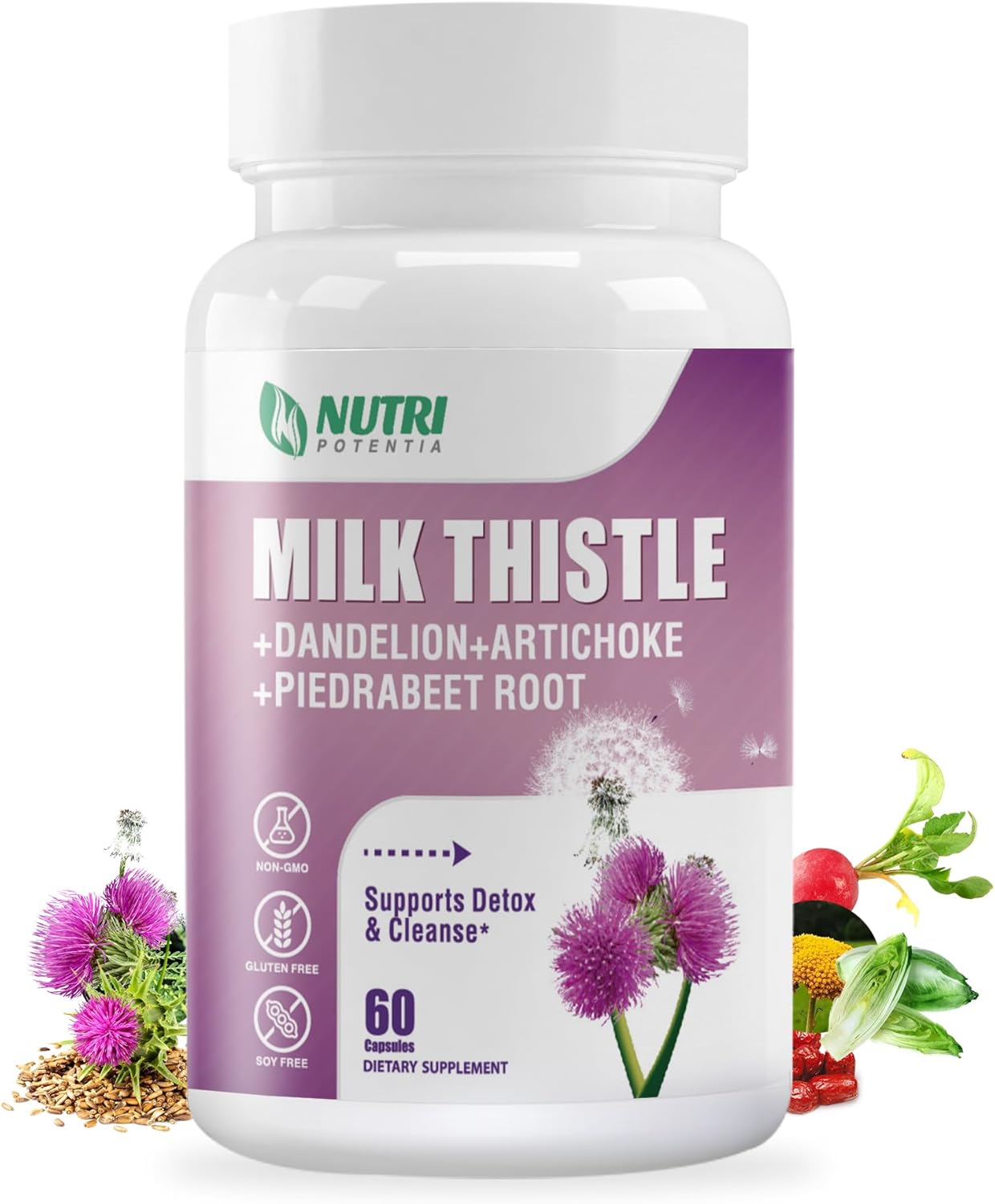 Liver Support Supplement with Milk Thistle, Dandelion Root, Artichoke Extract - Detox & Repair Formula, Non-GMO - 60 Capsules