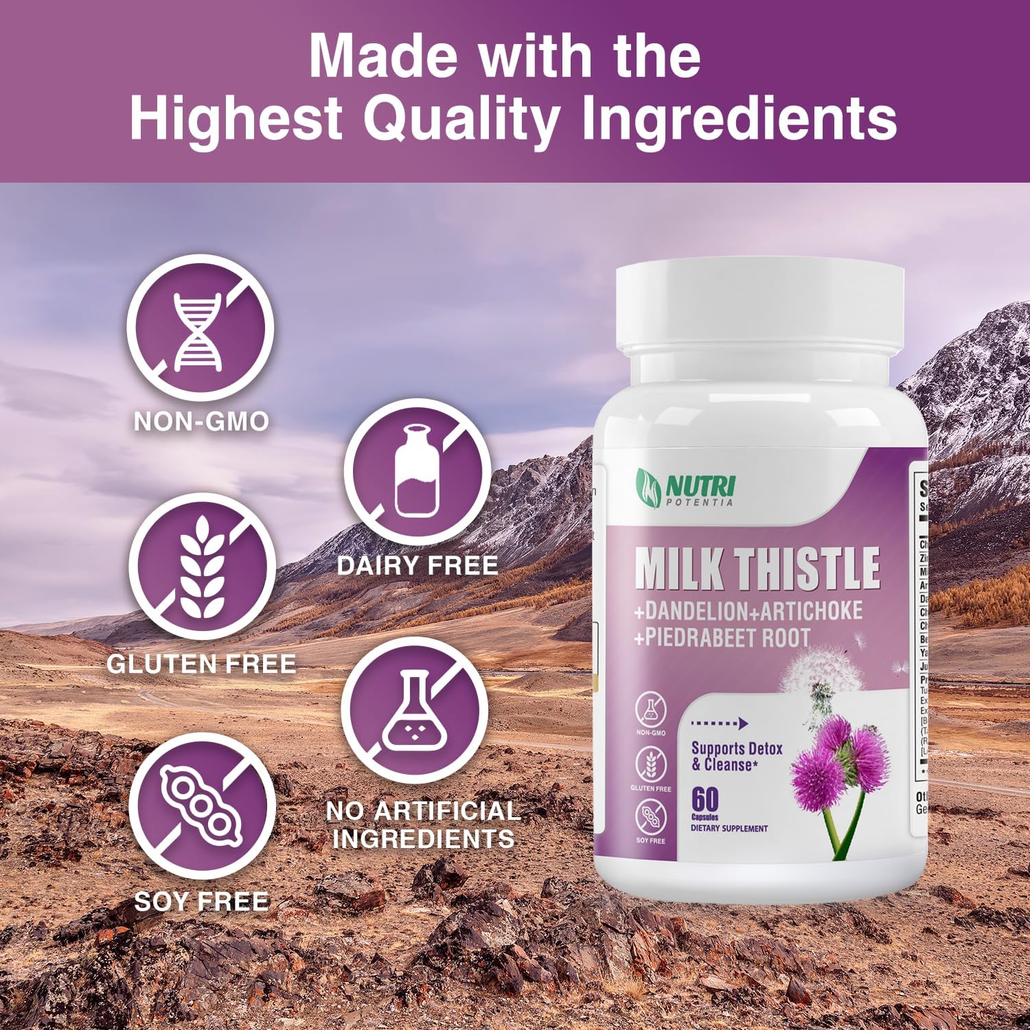 Liver Support Supplement with Milk Thistle, Dandelion Root, Artichoke Extract - Detox & Repair Formula, Non-GMO - 60 Capsules