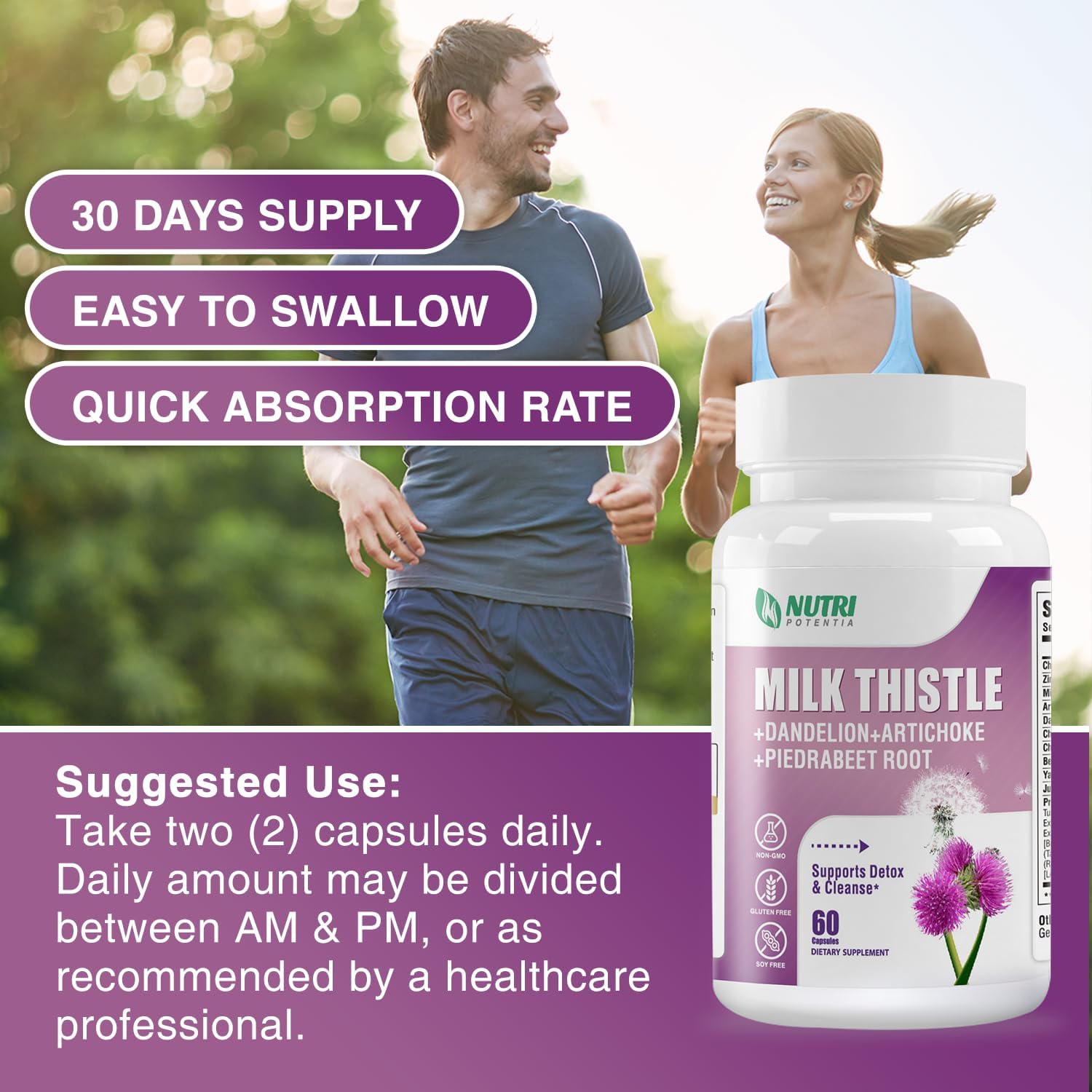 Liver Support Supplement with Milk Thistle, Dandelion Root, Artichoke Extract - Detox & Repair Formula, Non-GMO - 60 Capsules