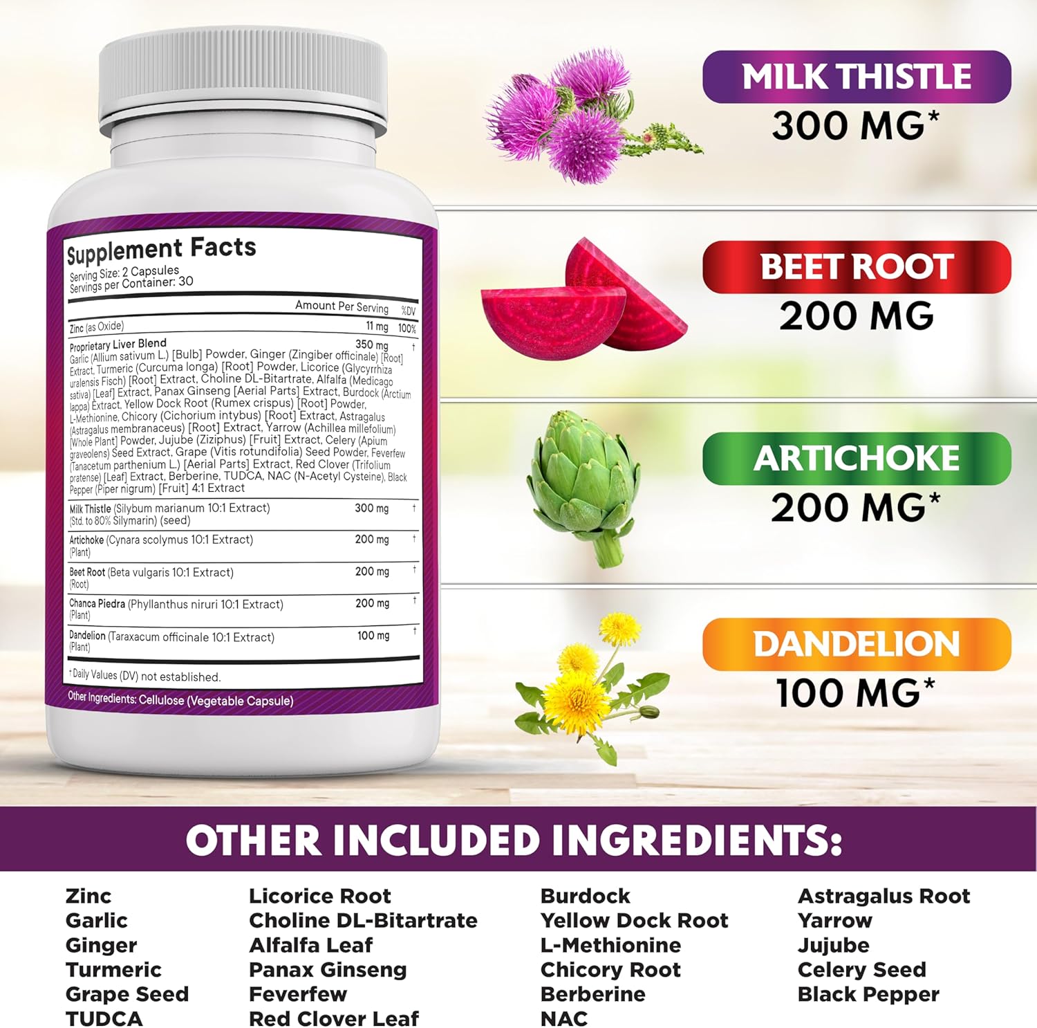 Liver Support Supplement with Milk Thistle, NAC, Chanca Piedra, Beet Root, Artichoke, Dandelion Root, Astragalus, TUDCA, and Ginger - 120 Capsules
