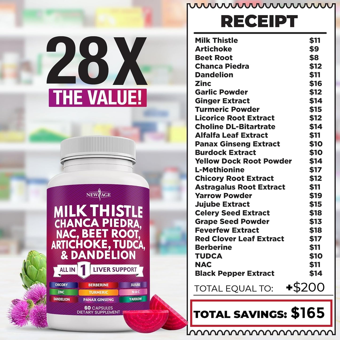 Liver Support Supplement with Milk Thistle, NAC, Chanca Piedra, Beet Root, Artichoke, Dandelion Root, Astragalus, TUDCA, and Ginger - 120 Capsules