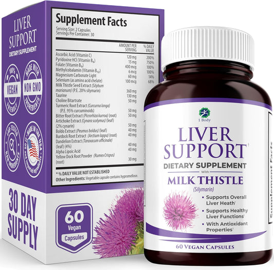 Liver Support Supplement with Milk Thistle, Turmeric, Dandelion, Artichoke, B12 - 60 Vegan Capsules