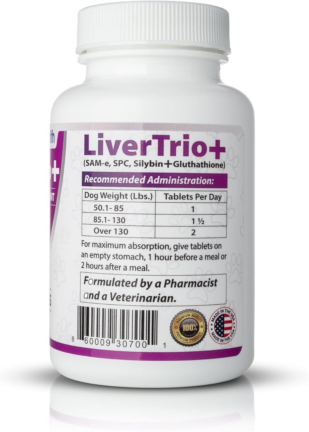 LiverTrio+ Liver Support Supplement for Large Dogs - Chewable Tablets with Same, SPC, Silybin A+B, and Glutathione - 30 Count