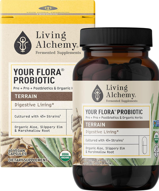 Living Alchemy Your Flora Probiotic Terrain: Non-GMO Digestive Supplement with Fermented Soybean, Aloe Vera, Slippery Elm - 60 Capsules