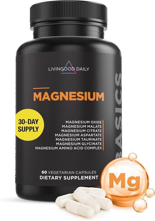 Livingood Daily High Bioavailability Magnesium Complex - 300mg - Citrate, Malate, Glycinate, Oxide, Chicory Root Inulin - Muscle Relaxation, Nerve, & Heart Health - 60 Capsules