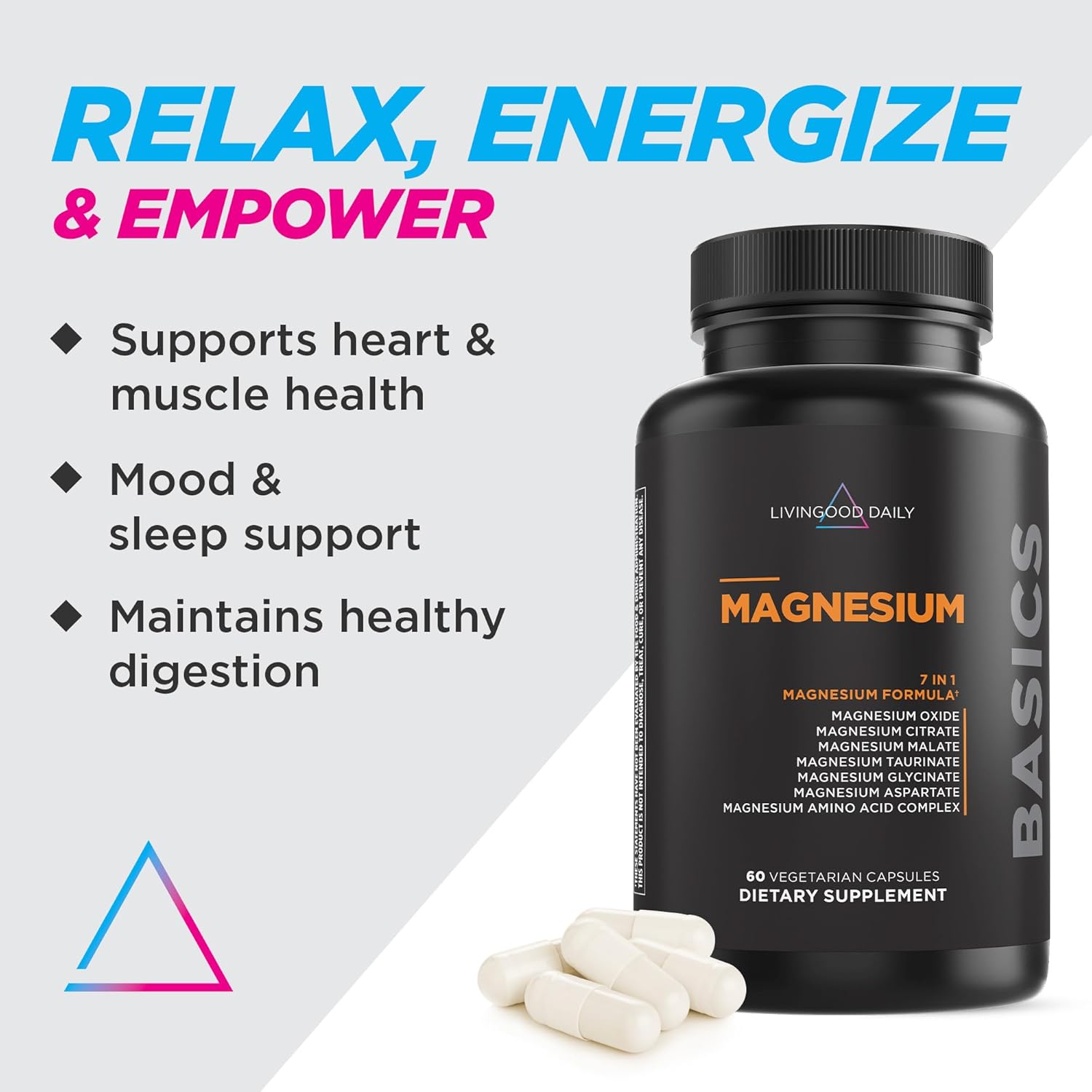 Livingood Daily High Bioavailability Magnesium Complex - 300mg - Citrate, Malate, Glycinate, Oxide, Chicory Root Inulin - Muscle Relaxation, Nerve, & Heart Health - 60 Capsules