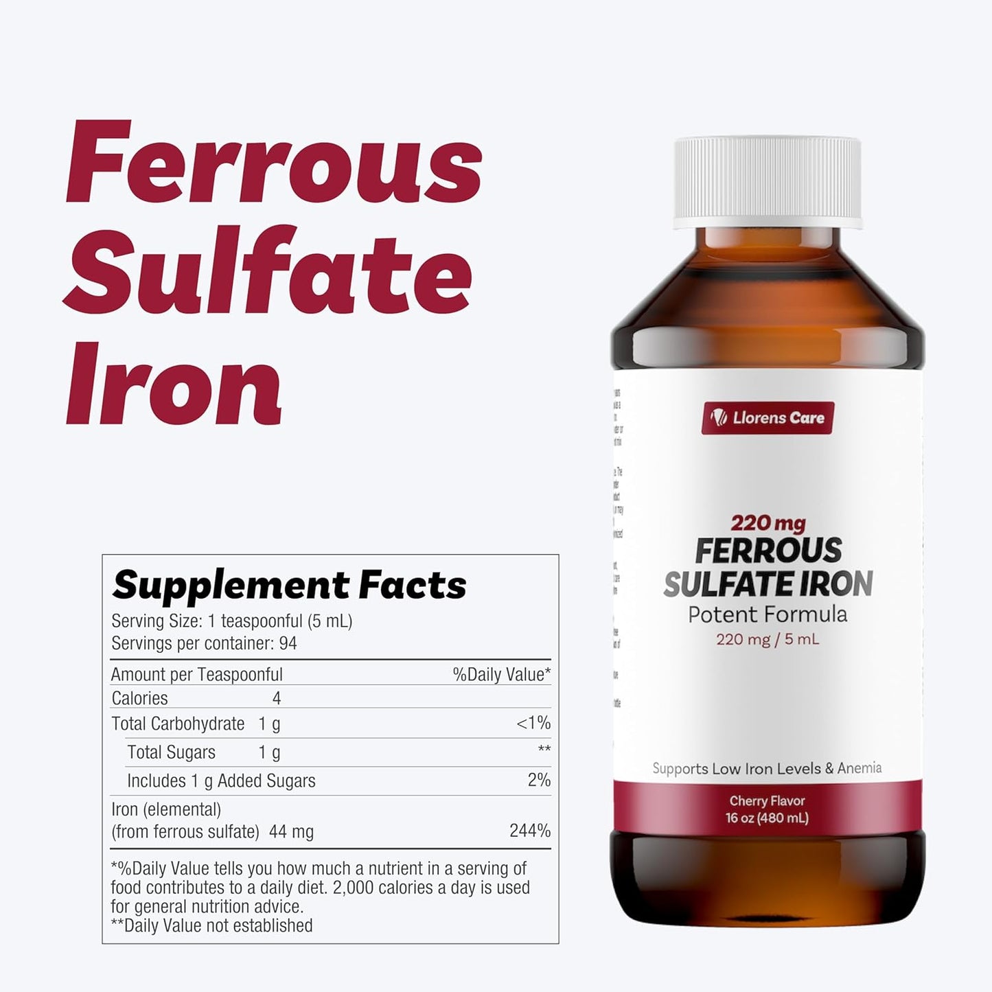 Llorens Care Ferrous Sulfate Liquid Iron Supplement - 220 mg Iron Complex for Anemia & Energy Boost