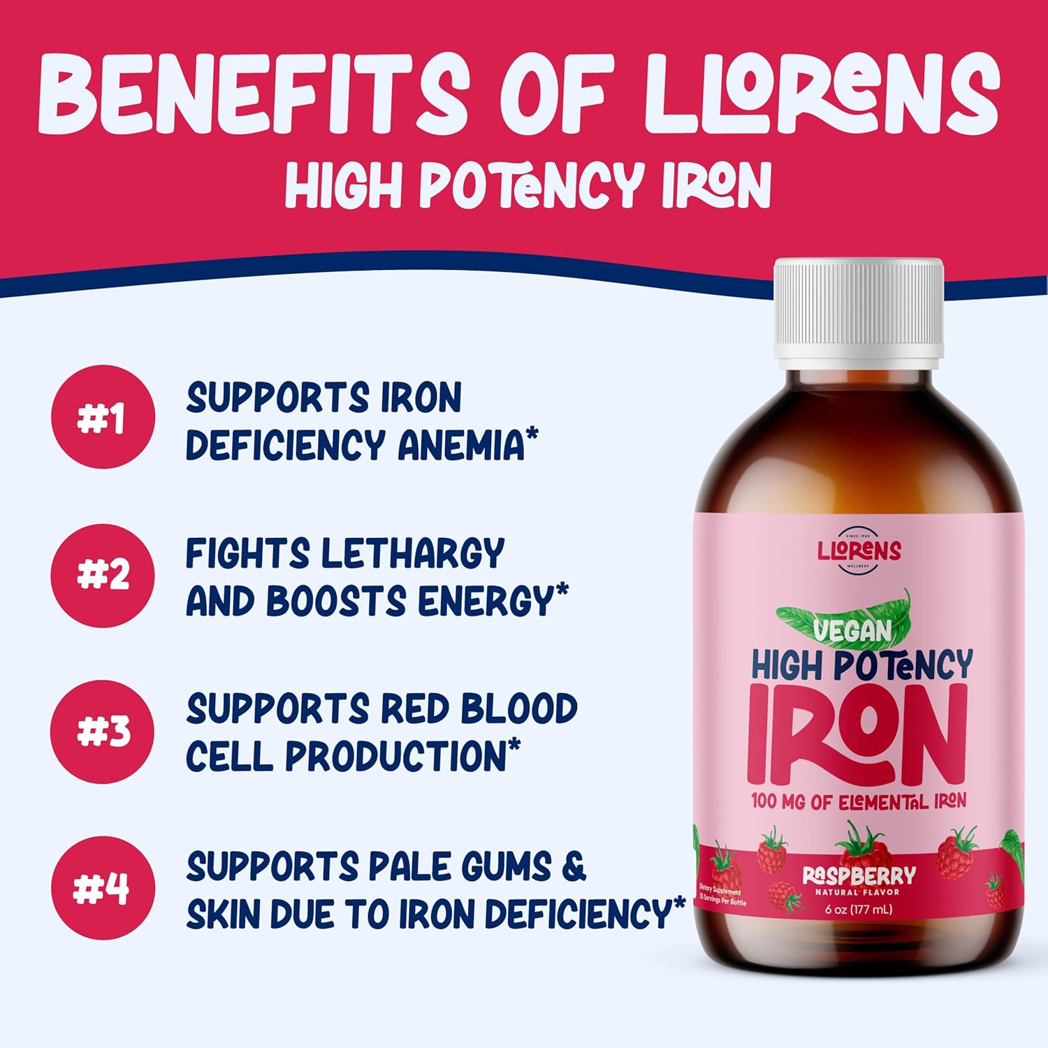 Llorens Hematex Liquid Iron Supplement - 100mg Polysaccharide Iron Complex, Raspberry Flavor, High Potency Iron for Women & Adults, Anemia & Iron Deficiency Support - 6 oz