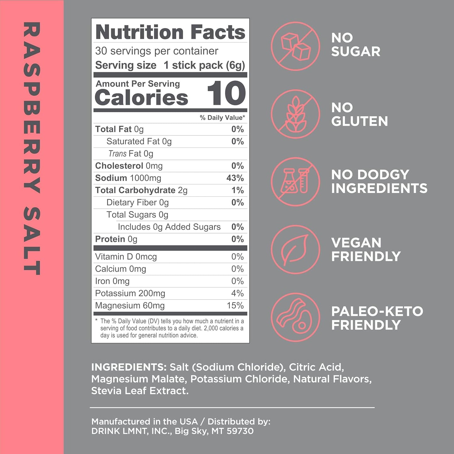LMNT Zero Sugar Electrolyte Drink Mix - Raspberry Salt Flavor | 30 Pack