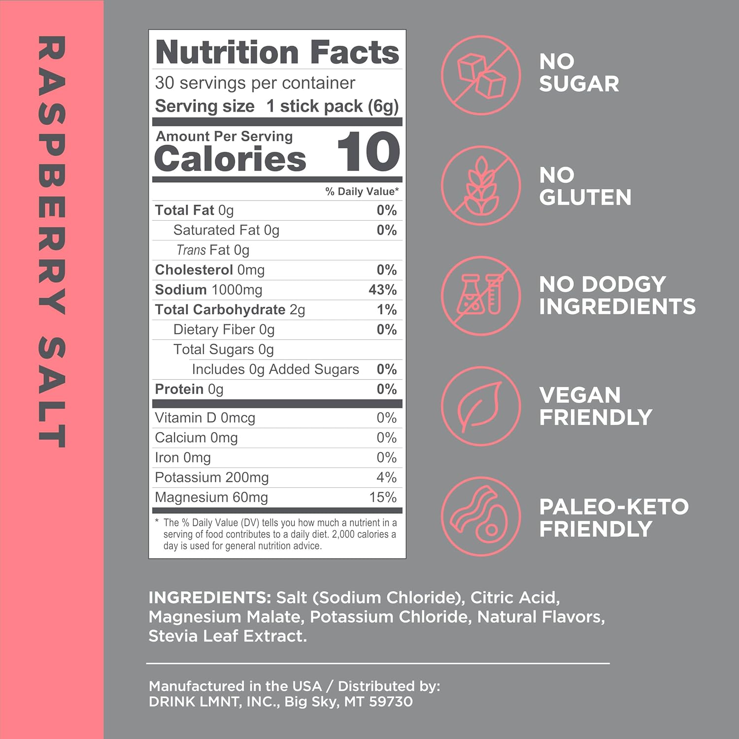 LMNT Zero Sugar Electrolyte Drink Mix - Raspberry Salt Flavor | 30 Pack