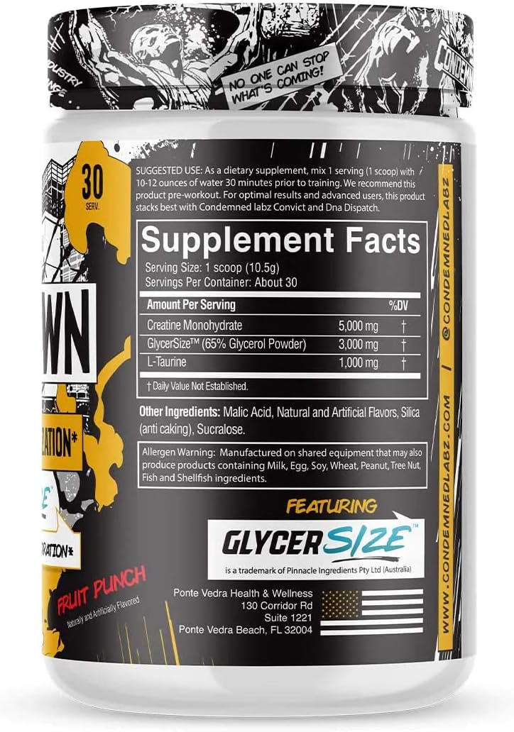 Locked Down Creatine Performance Complex by Condemned Labz - Enhance Hydration, Energy, and Stamina with Creatine Monohydrate, Glycerol, and Taurine - Fruit Punch Flavor - 30 Servings