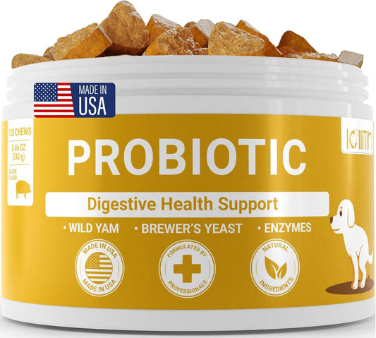Lollitin Probiotic Chews for Dogs - Bacon Flavor, 120 Count - Natural Gut & Digestive Health Support with Prebiotics, Fiber, Enzymes - Immune Boost & Diarrhea Relief