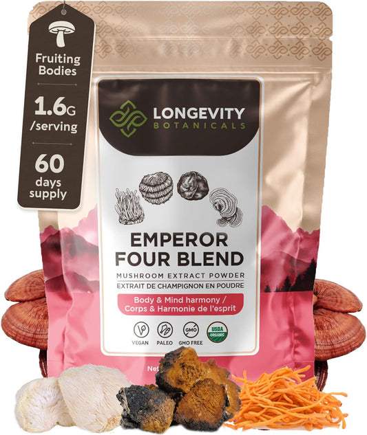 Longevity Botanicals 4 Mushroom Supplement Blend - Organic Mushroom Complex Powder - Lions Mane, Reishi, Cordyceps, Chaga - 100% Fruiting Body - 100g
