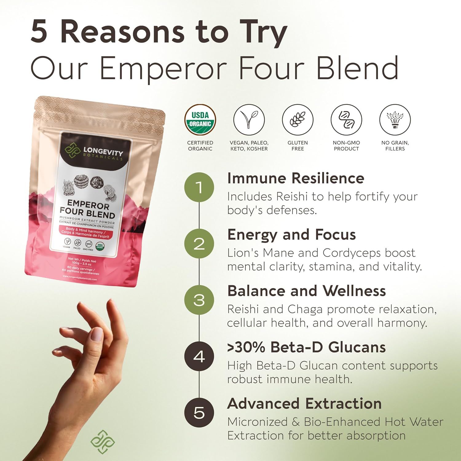 Longevity Botanicals 4 Mushroom Supplement Blend - Organic Mushroom Complex Powder - Lions Mane, Reishi, Cordyceps, Chaga - 100% Fruiting Body - 100g