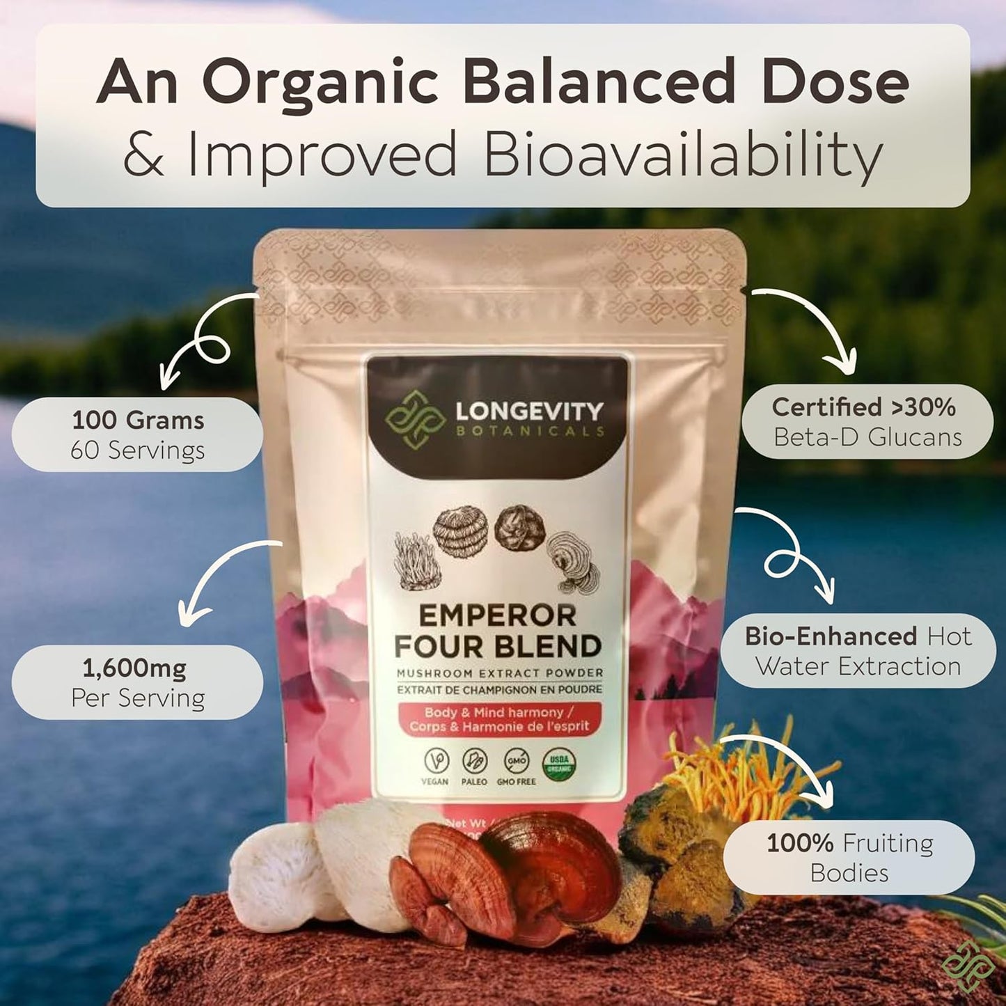 Longevity Botanicals 4 Mushroom Supplement Blend - Organic Mushroom Complex Powder - Lions Mane, Reishi, Cordyceps, Chaga - 100% Fruiting Body - 100g