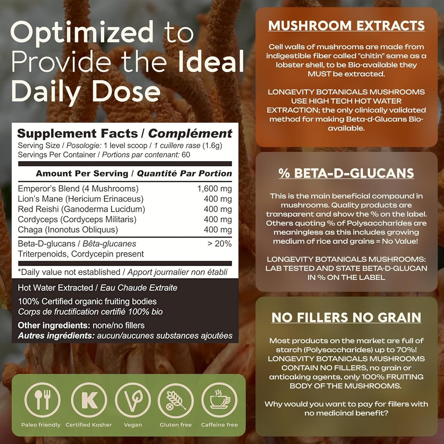 Longevity Botanicals 4 Mushroom Supplement Blend - Organic Mushroom Complex Powder - Lions Mane, Reishi, Cordyceps, Chaga - 100% Fruiting Body - 100g