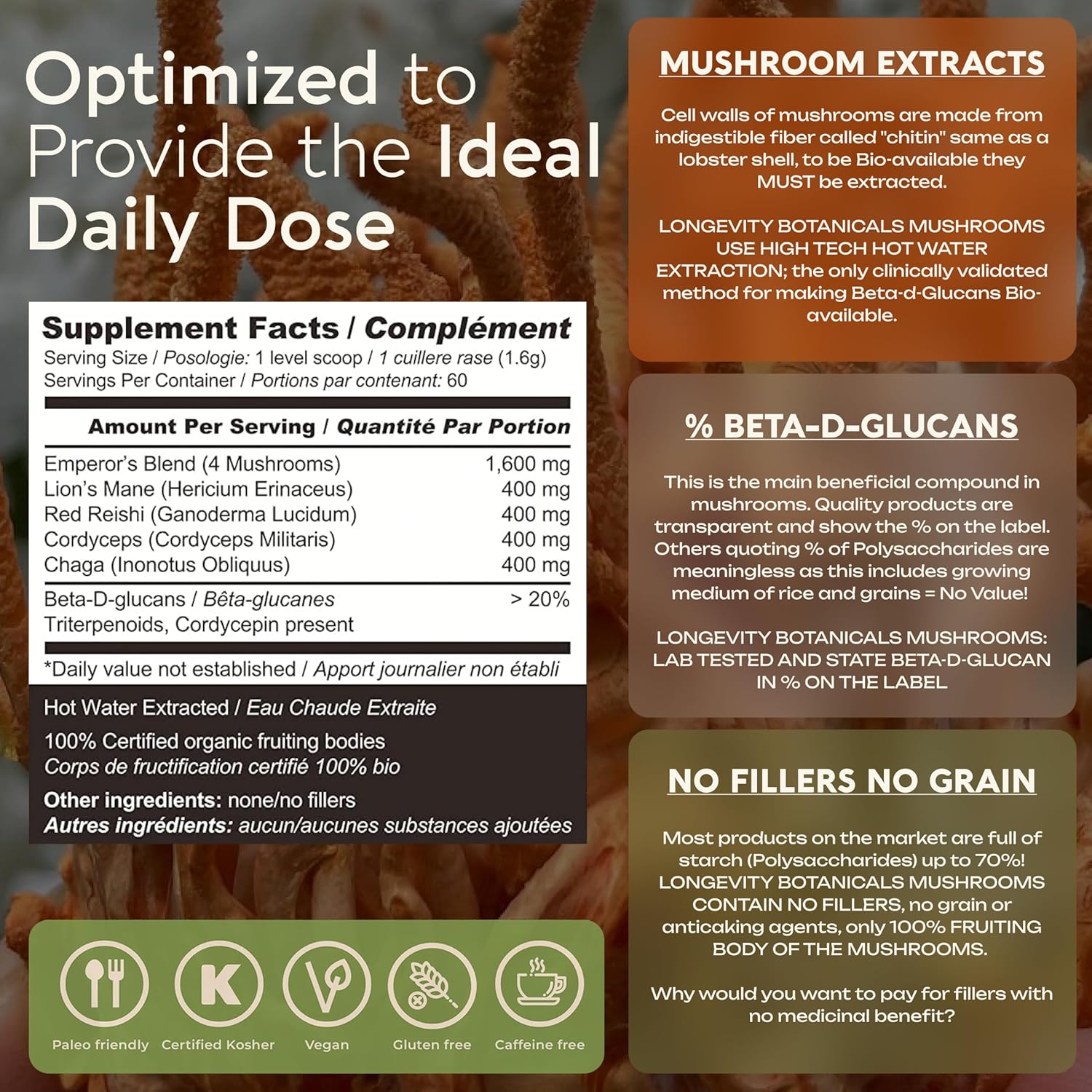 Longevity Botanicals 4 Mushroom Supplement Blend - Organic Mushroom Complex Powder - Lions Mane, Reishi, Cordyceps, Chaga - 100% Fruiting Body - 100g