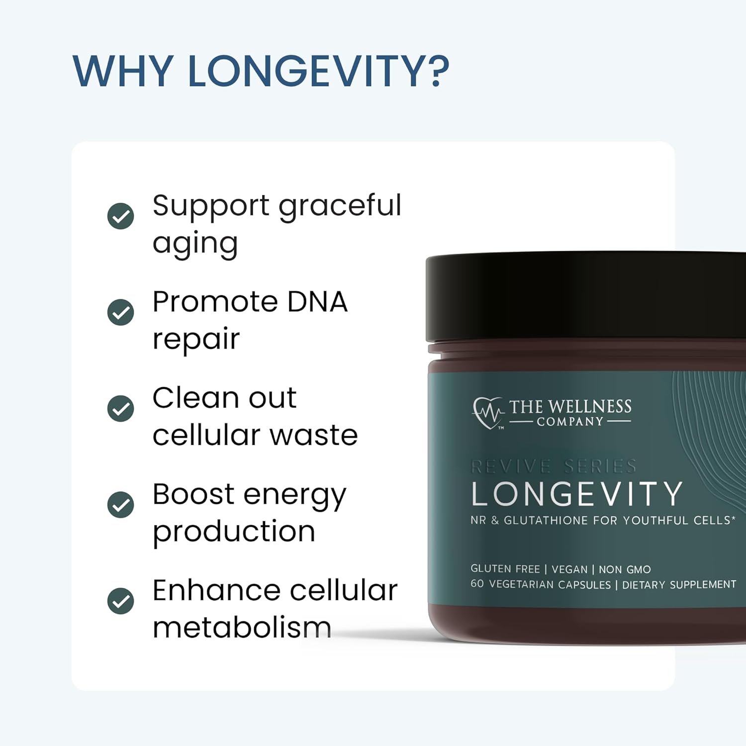Longevity Supplement with NR and Glutathione for Cellular Function - 60 Capsules - Vegan & Gluten Free - Boost Energy and Vitality