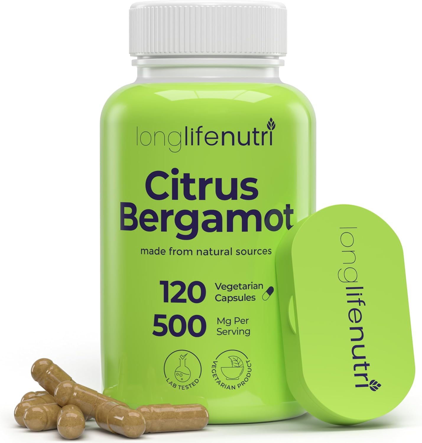 LongLifeNutri Citrus Bergamot Extract 500mg Capsules - 120 Vegetarian, 40% Polyphenolic Flavanones, Plant-Based Antioxidant, USA-made