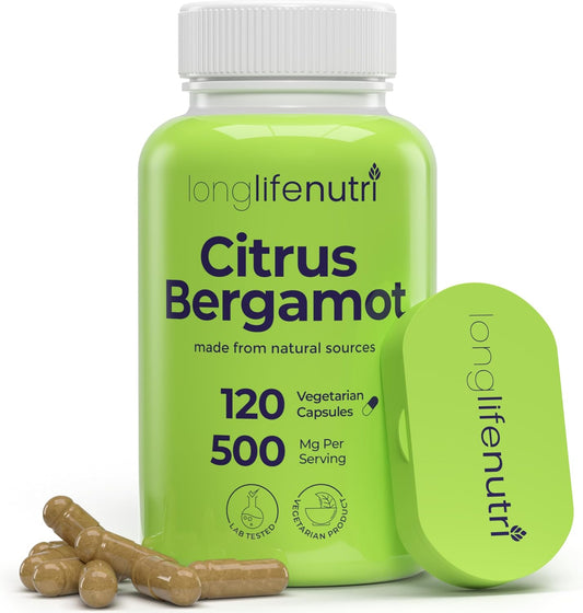 LongLifeNutri Citrus Bergamot Extract 500mg Capsules - 120 Vegetarian, 40% Polyphenolic Flavanones, Plant-Based Antioxidant, USA-made