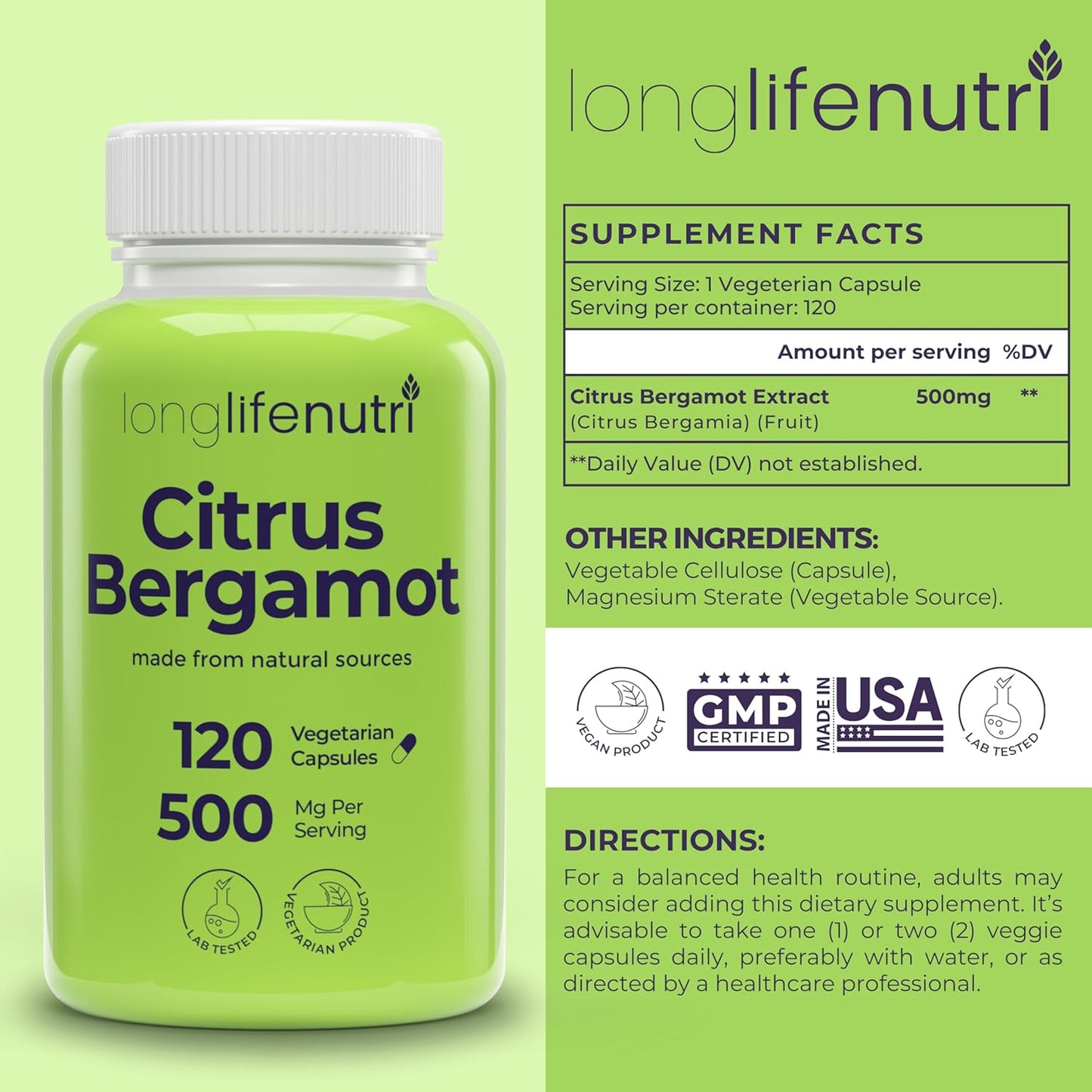 LongLifeNutri Citrus Bergamot Extract 500mg Capsules - 120 Vegetarian, 40% Polyphenolic Flavanones, Plant-Based Antioxidant, USA-made