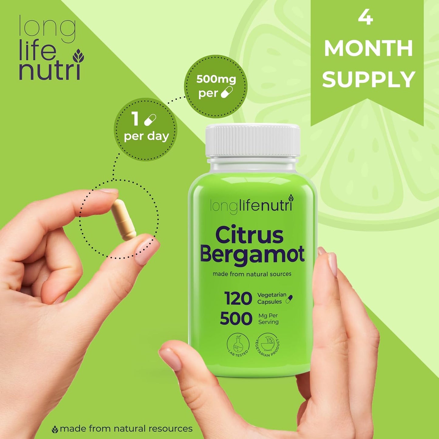 LongLifeNutri Citrus Bergamot Extract 500mg Capsules - 120 Vegetarian, 40% Polyphenolic Flavanones, Plant-Based Antioxidant, USA-made