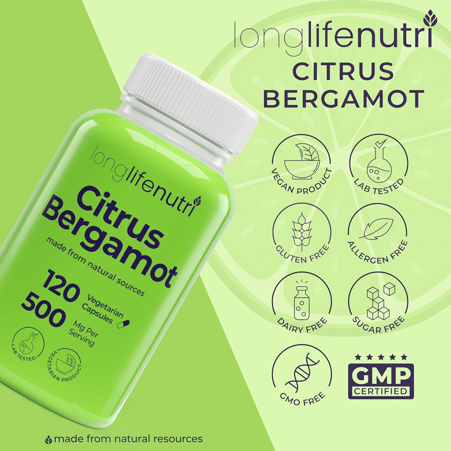 LongLifeNutri Citrus Bergamot Extract 500mg Capsules - 120 Vegetarian, 40% Polyphenolic Flavanones, Plant-Based Antioxidant, USA-made