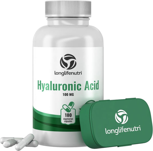 LongLifeNutri Hyaluronic Harmony: 100mg HA, 180 Vegan Capsules for Knee & Joint Health, Skin Elasticity, Anti-Aging