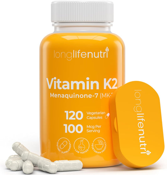 LongLifeNutri Vitamin K2 MK-7 100mcg Capsules - Bone and Circulation Support, 120 Vegetarian Capsules, 4-Month Supply, Lab Tested, USA Made, Non-GMO