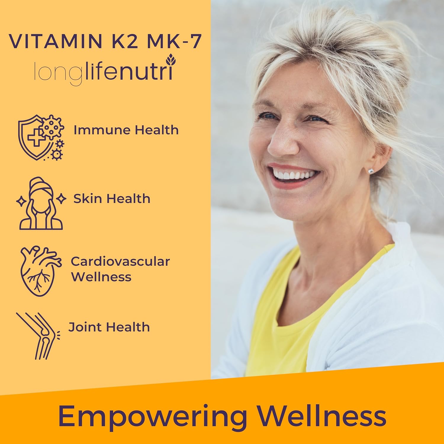 LongLifeNutri Vitamin K2 MK-7 100mcg Capsules - Bone and Circulation Support, 120 Vegetarian Capsules, 4-Month Supply, Lab Tested, USA Made, Non-GMO