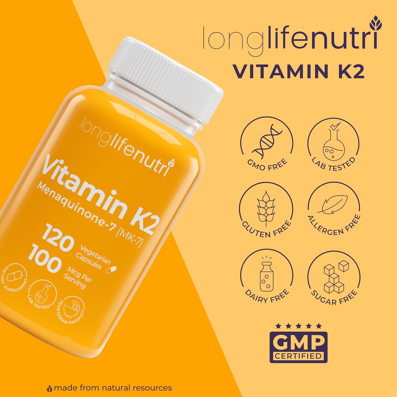LongLifeNutri Vitamin K2 MK-7 100mcg Capsules - Bone and Circulation Support, 120 Vegetarian Capsules, 4-Month Supply, Lab Tested, USA Made, Non-GMO