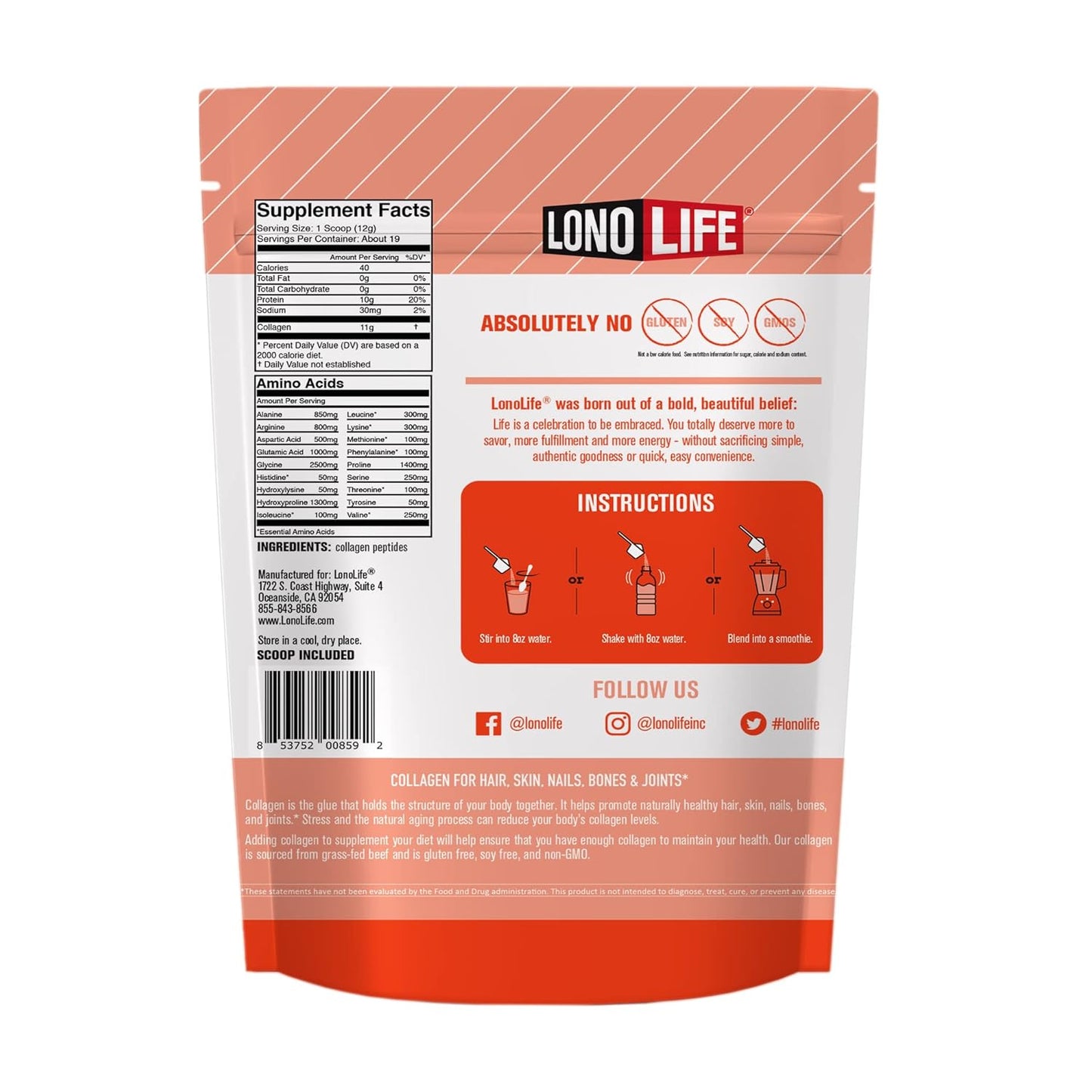 LonoLife Unflavored Collagen Peptides: 10g Protein, Paleo & Keto Friendly, 8oz Bulk Container