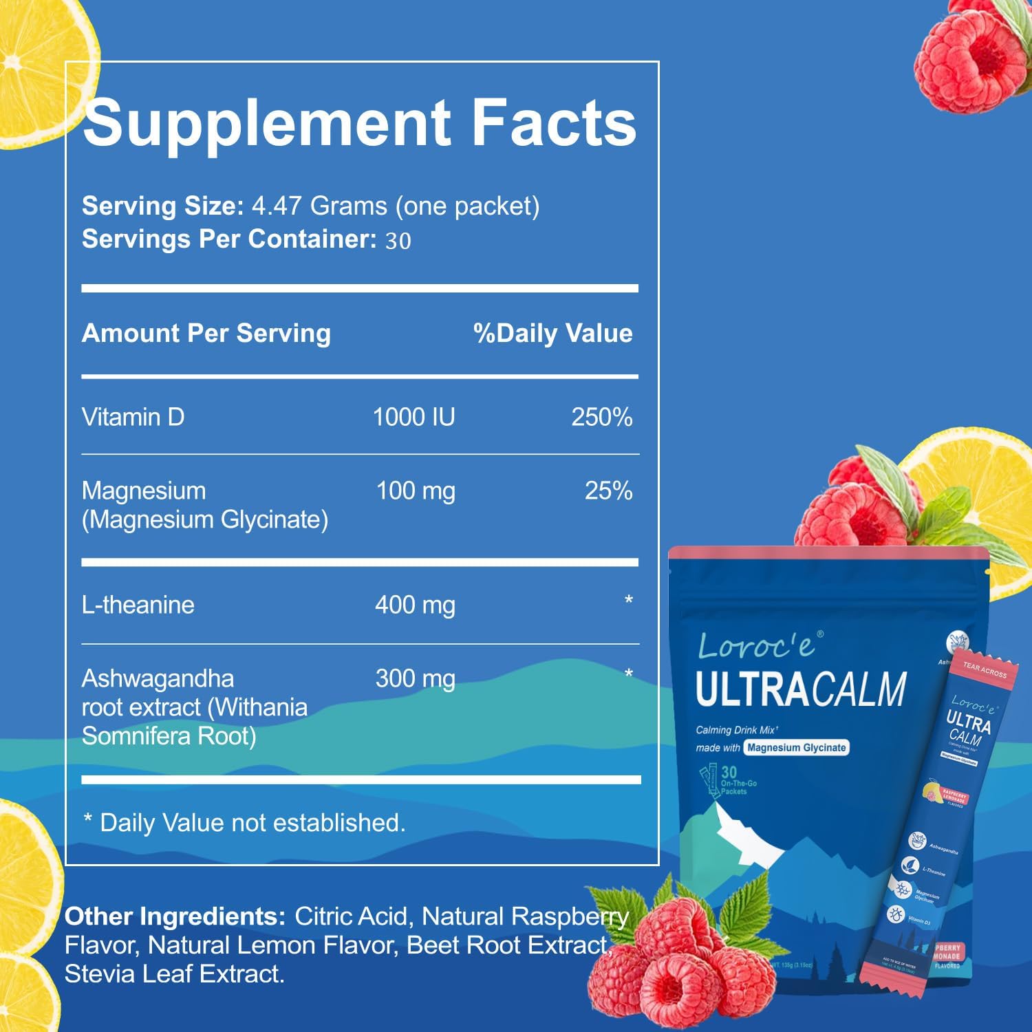 Loroc'e UltraCalm Cortisol Super Drink Powder Mix with Magnesium Glycinate, L-theanine, and Ashwagandha for Women (30 Servings)