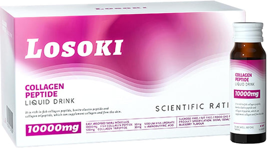 Losoki Liquid Collagen Peptide Drink with 10000mg Hydrolyzed Marine Collagen Peptides and Vitamin C - Premium Blend for Hair, Skin, Nails, Joints, and Bones - 10 Bottles in 1 Box