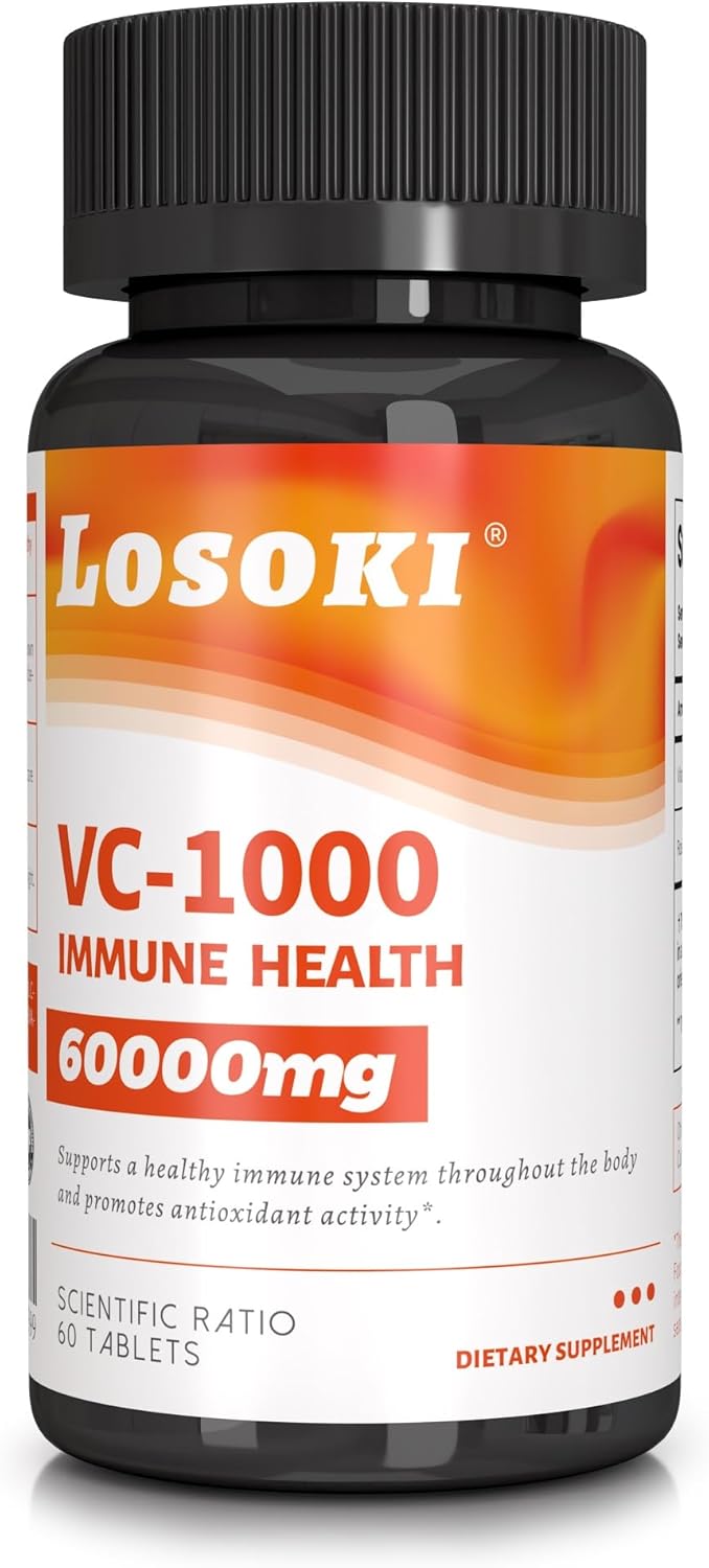 Losoki VC 1000 - High-Potency Vitamin C Tablets for Immune Health & Antioxidant Defense - Buffered Formula with Rose HIPS - 60 Count